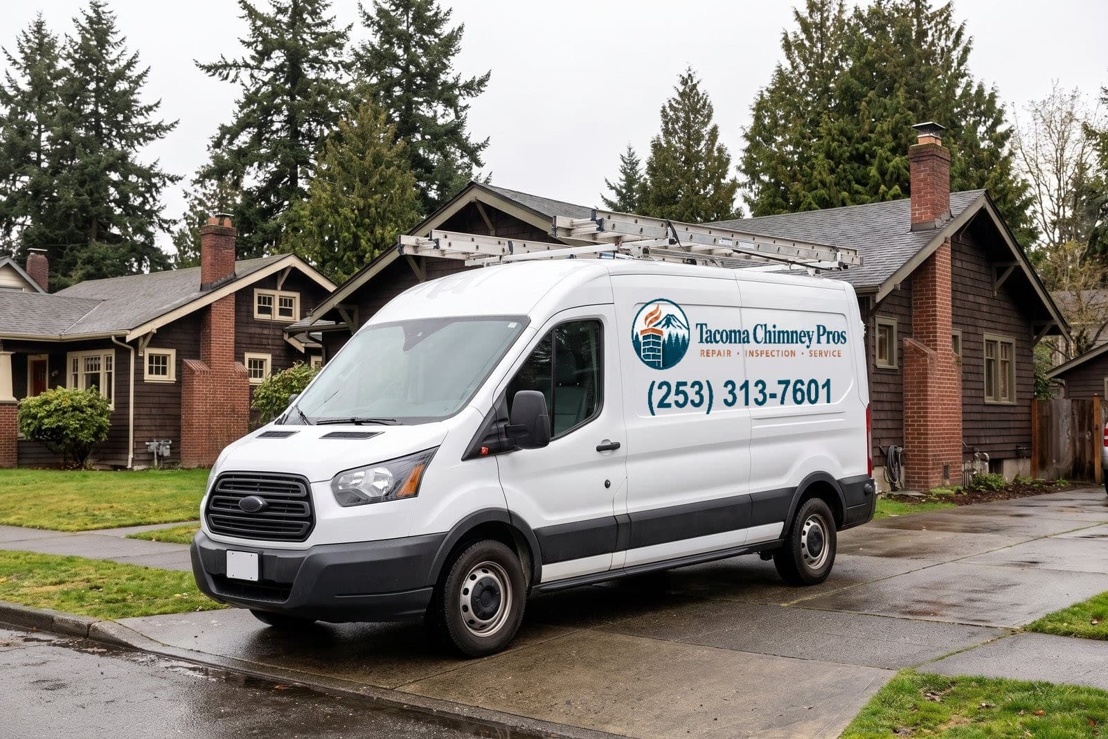 Chimney service van parked in a Tacoma residential driveway