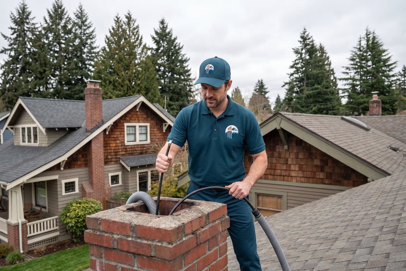 Chimney Sweep in Washington — chimney sweep cleaning a rooftop flue