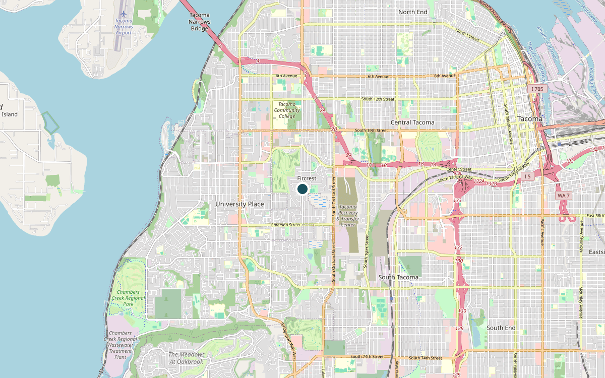 Map of our chimney service area in Fircrest, Pierce County, WA