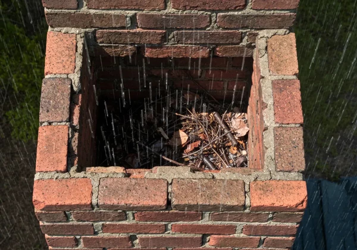 Before — chimney cap installation: A bare, open flue crowned with a stainless cap against rain, birds and squirrels.