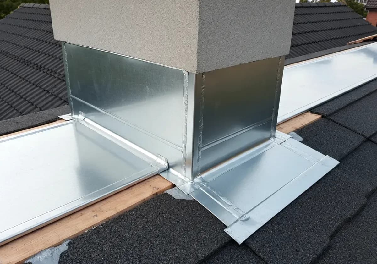 After — chimney flashing repair: Corroded, leaking flashing stripped and re-laid where chimney meets roofline.