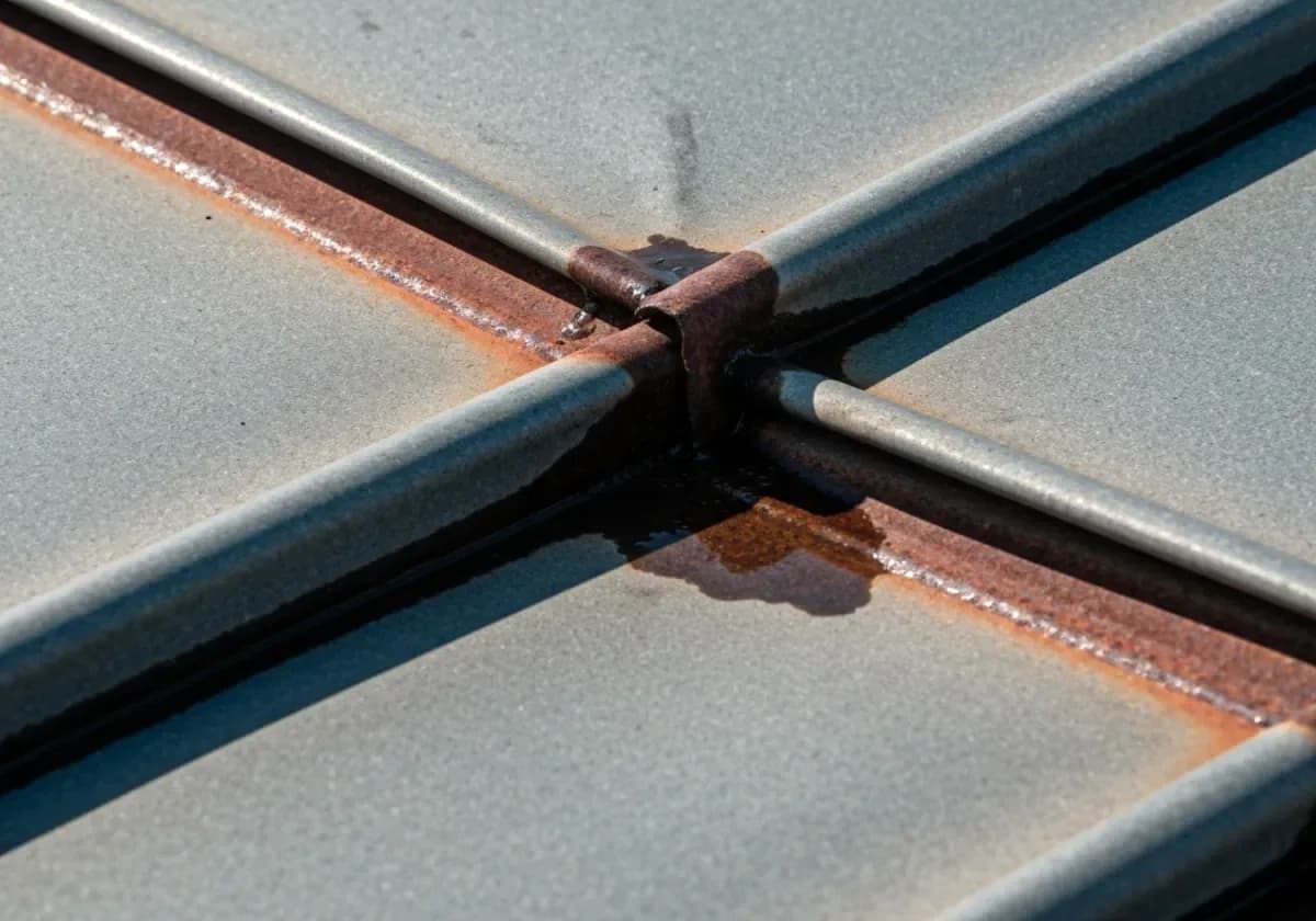 Before — chimney flashing repair: Corroded, leaking flashing stripped and re-laid where chimney meets roofline.
