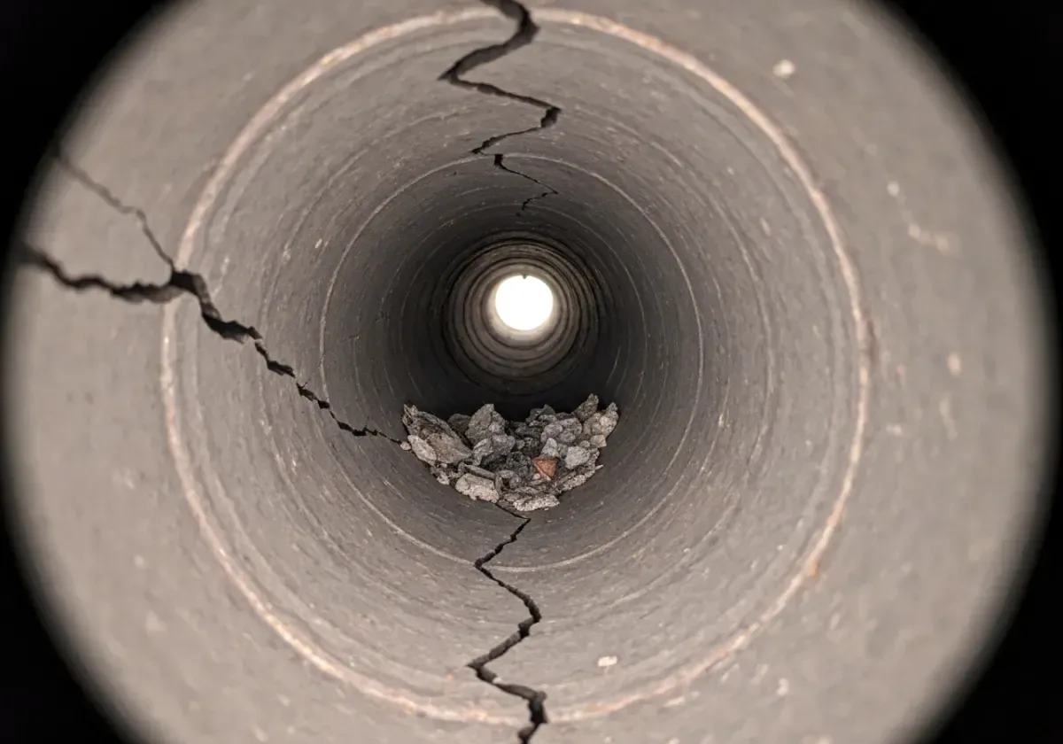 Before — chimney inspection: A camera run up the flue exposes damage no look from the hearth could catch.