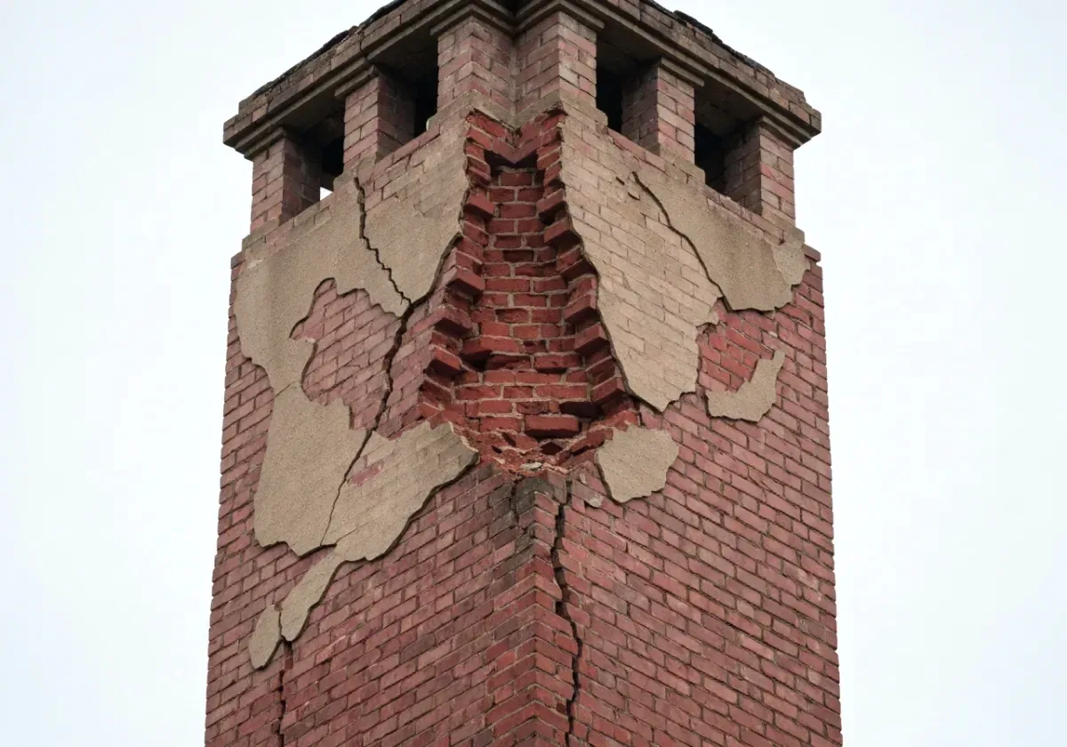 Before — chimney repair: Flaking brick and washed-out mortar rebuilt into a tight, weatherproof stack.