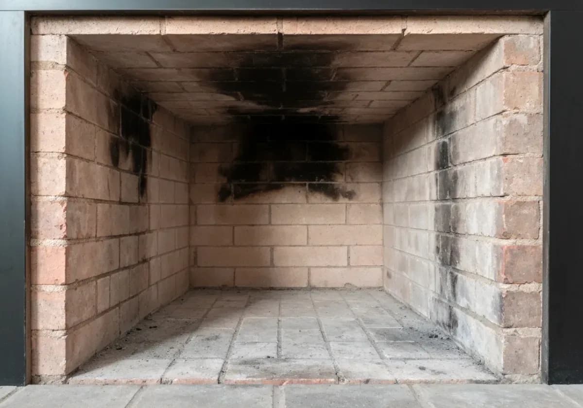 After — chimney sweep: A soot-lined flue and smoke chamber brought back to clean, bare masonry.
