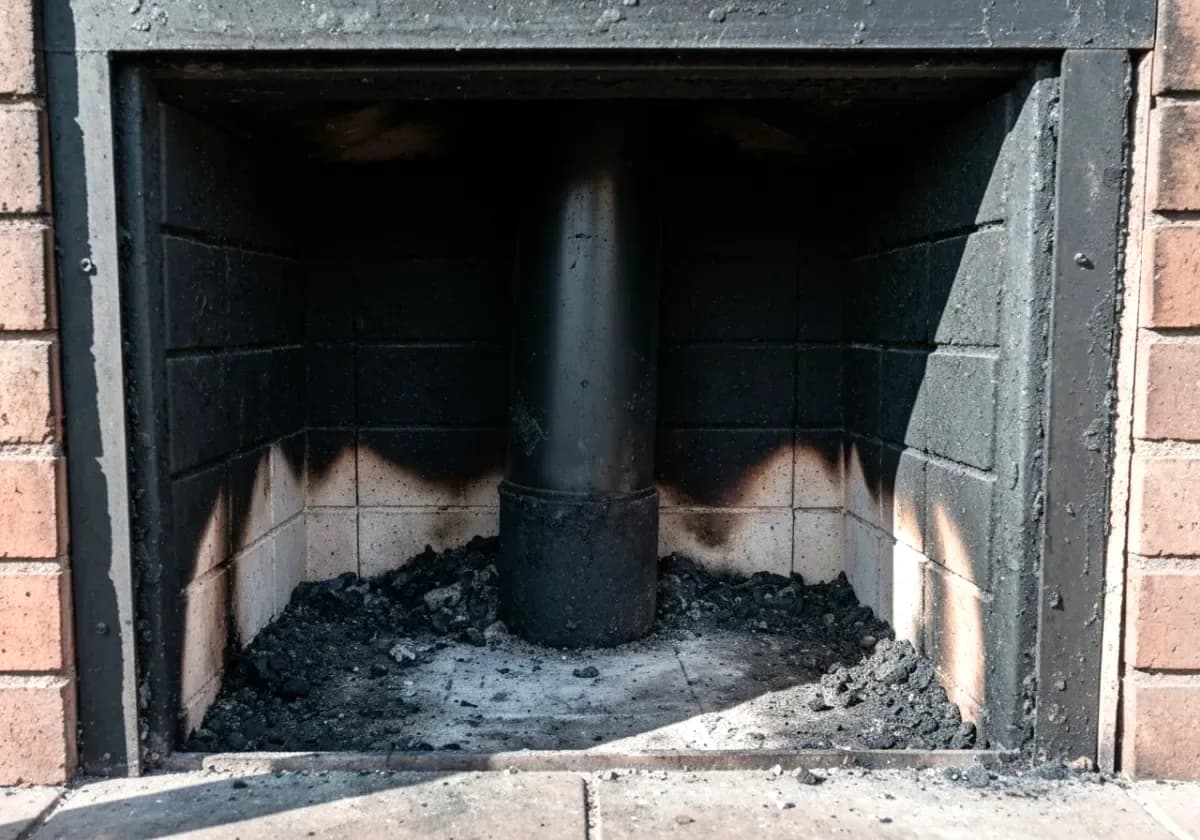 Before — chimney sweep: A soot-lined flue and smoke chamber brought back to clean, bare masonry.