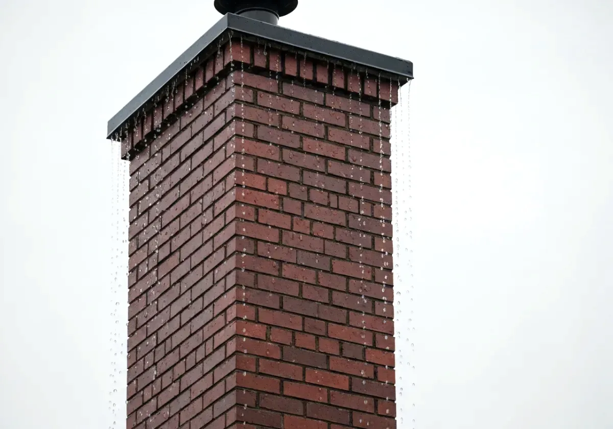 After — chimney waterproofing: Thirsty, rain-stained brick sealed under a breathable masonry water repellent.