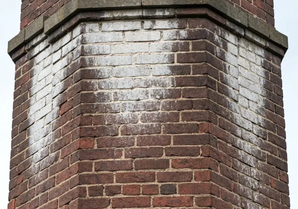 Before — chimney waterproofing: Thirsty, rain-stained brick sealed under a breathable masonry water repellent.