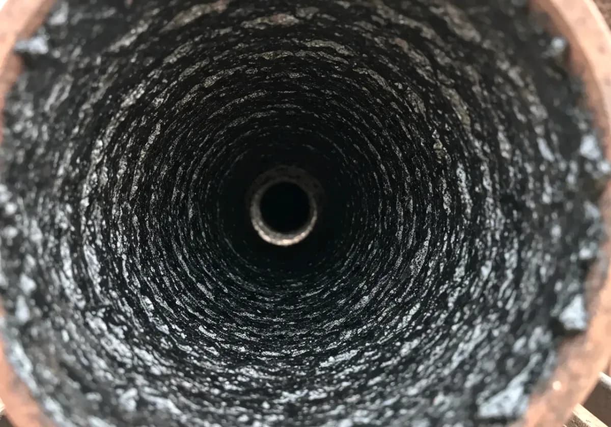 Before — creosote removal: Hard glazed creosote stripped from the flue walls — the fuel of a chimney fire, gone.