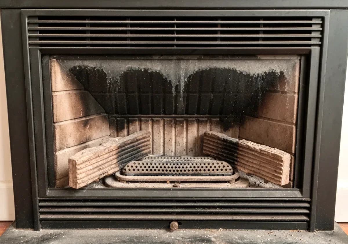 Before — gas fireplace service: A sooty, lazy-burning gas fireplace serviced back to a steady, even flame.