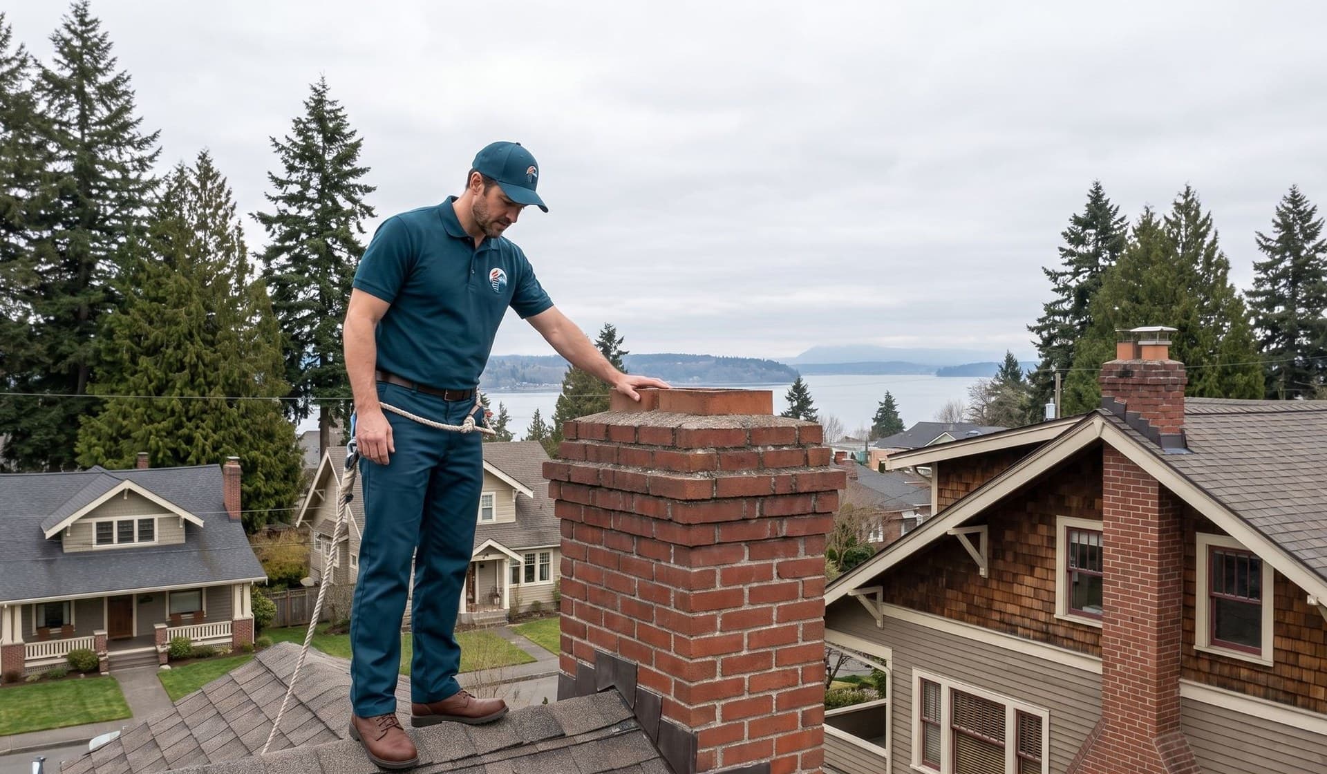 Chimney sweep technician inspecting a rooftop brick chimney on a Tacoma home