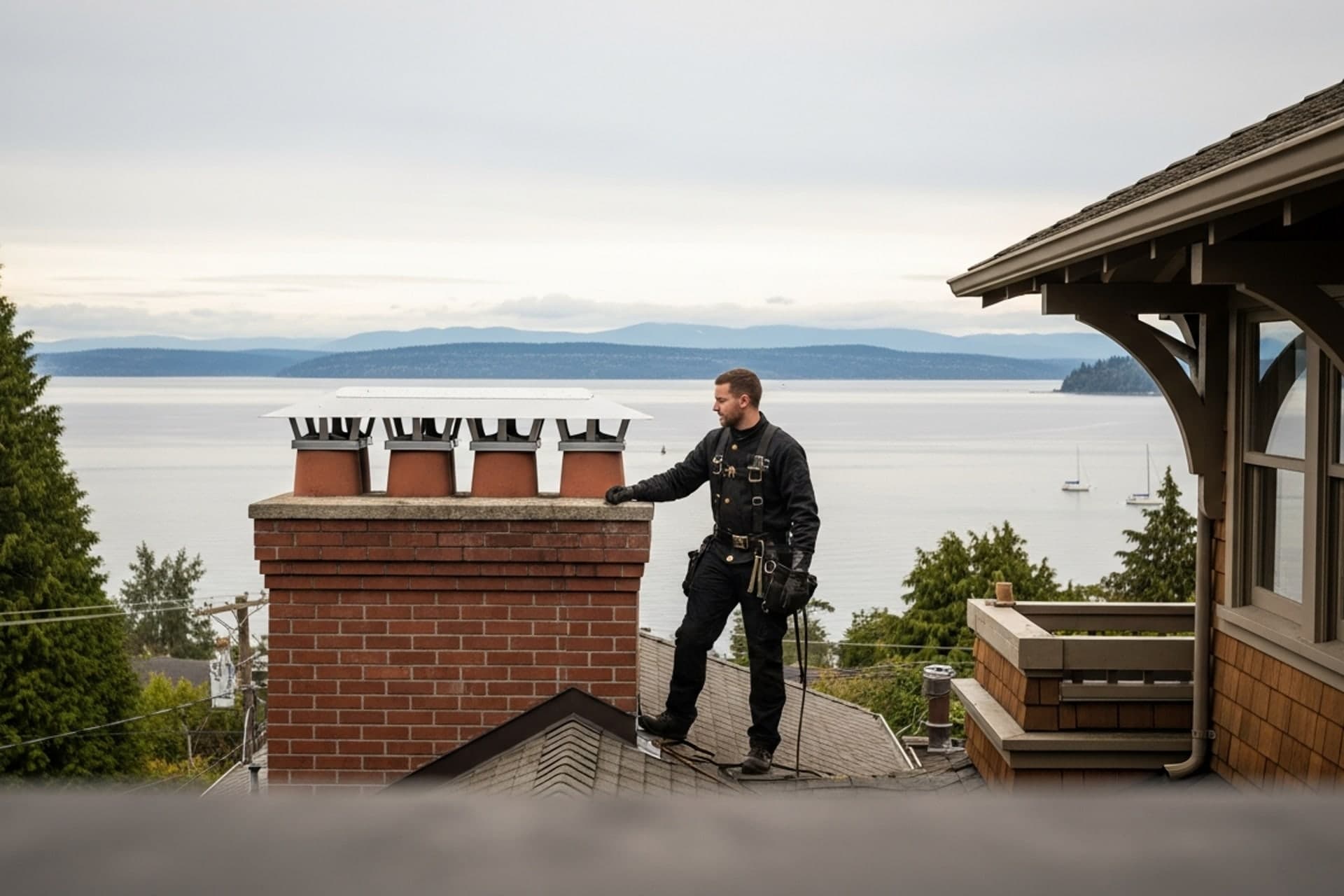 Chimney sweep technician inspecting a rooftop brick chimney on a Tacoma home