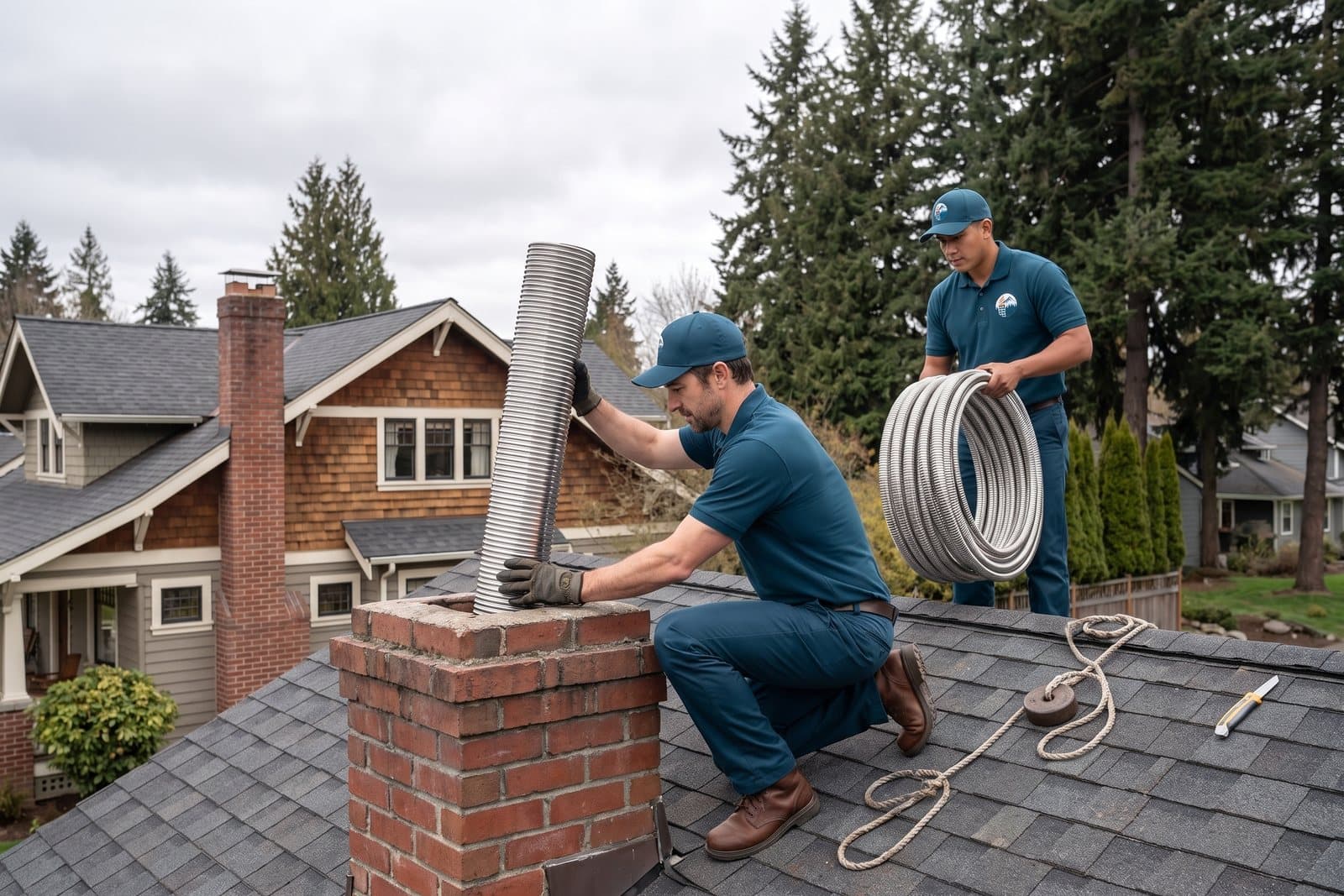 Stainless steel chimney liner being installed