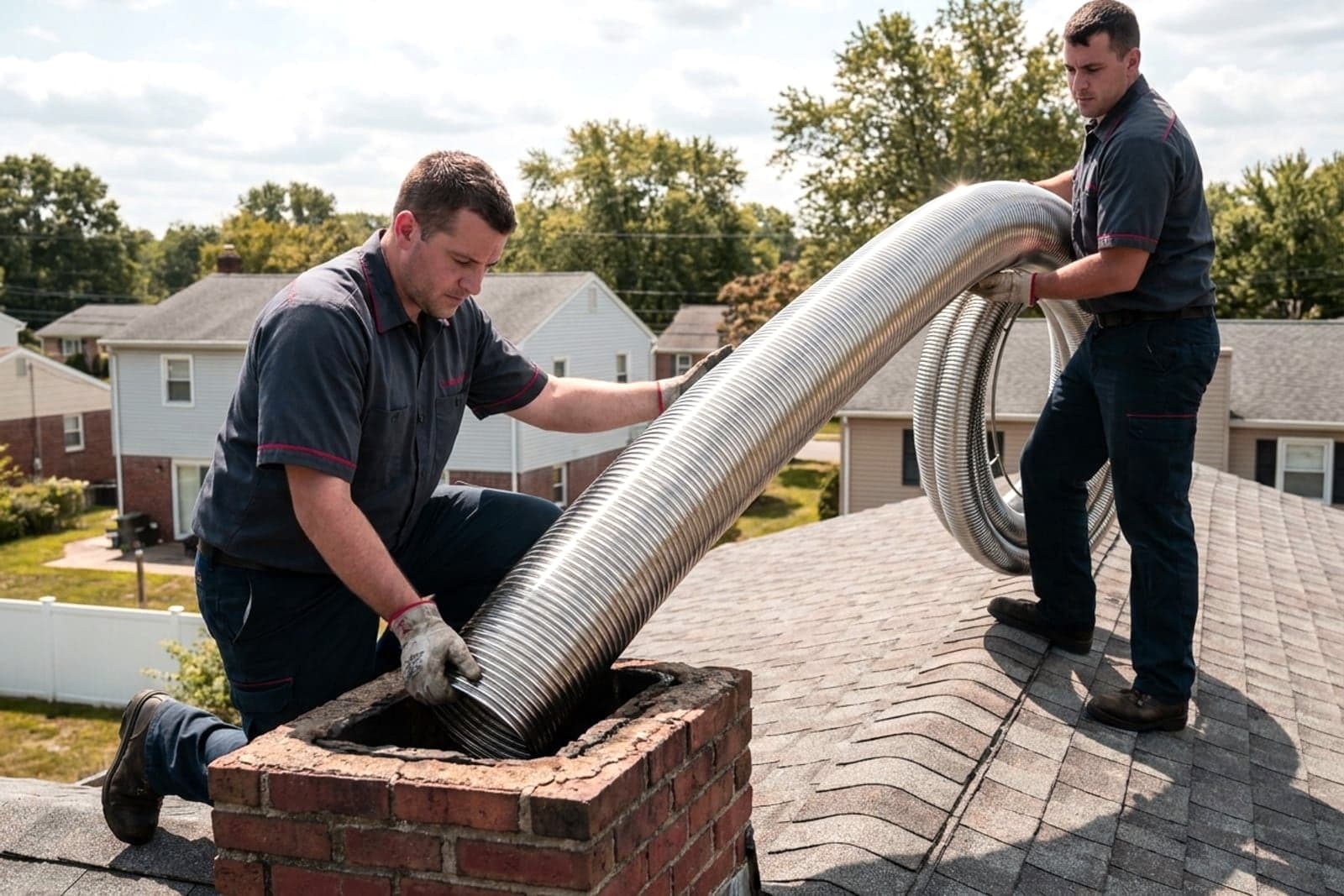 Chimney Relining in Washington — stainless steel chimney liner being installed
