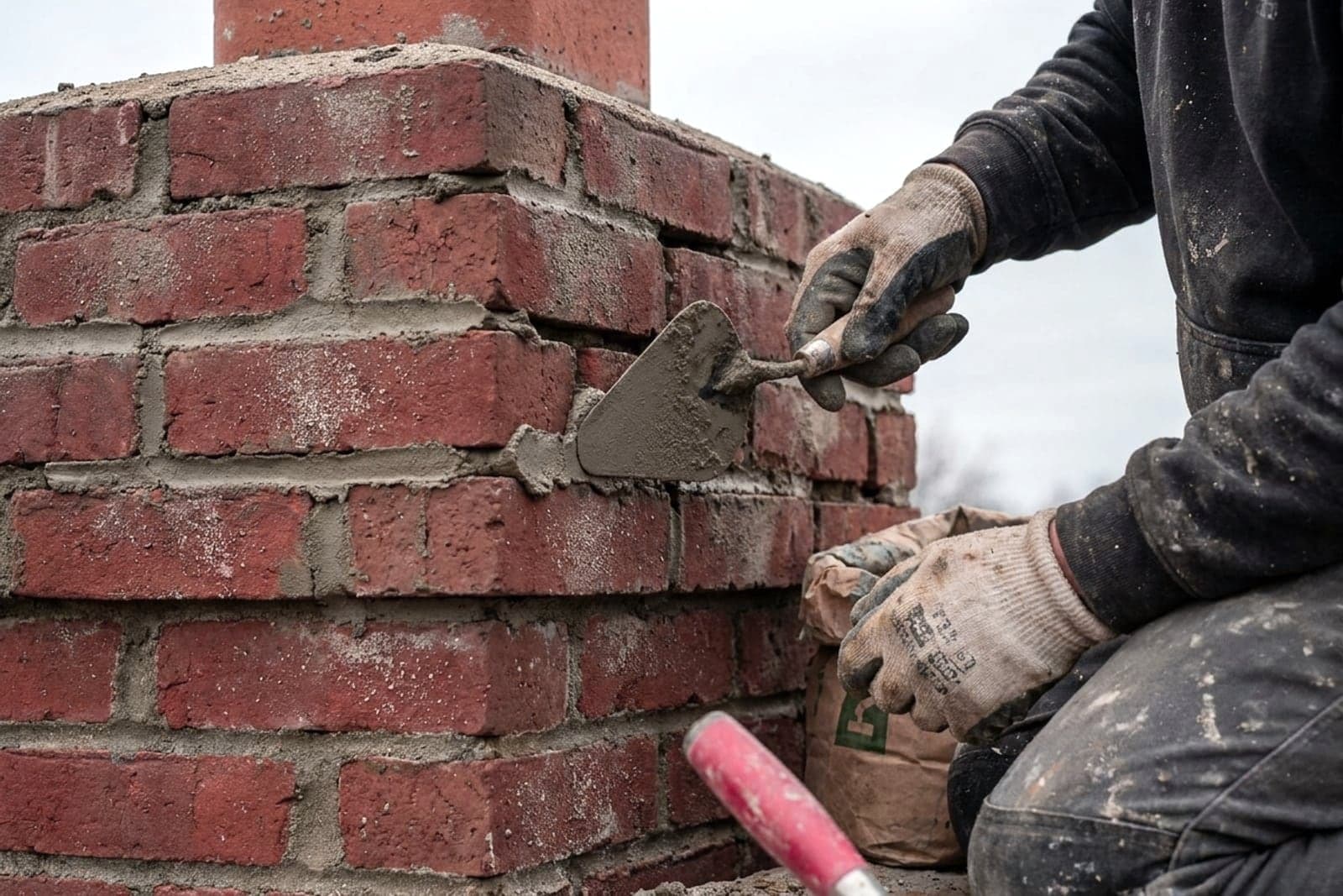 Masonry repair on a brick chimney