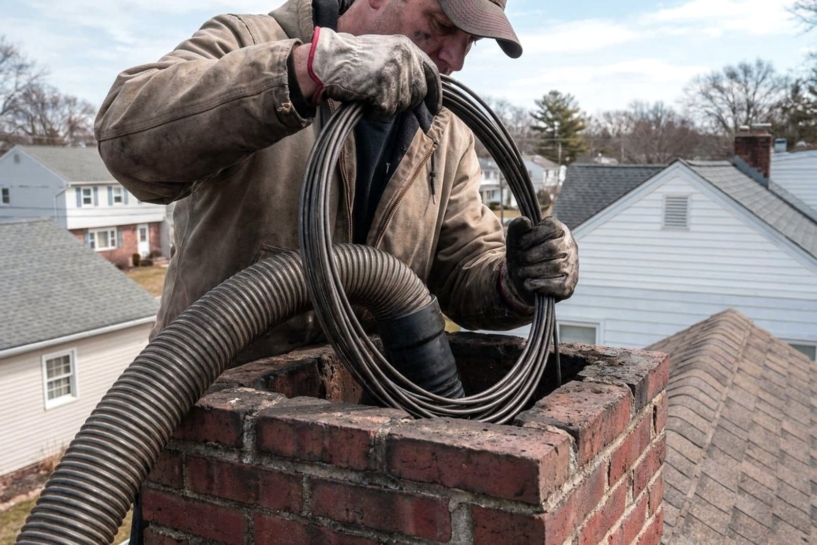 Chimney Sweep in Washington — chimney sweep cleaning a rooftop flue