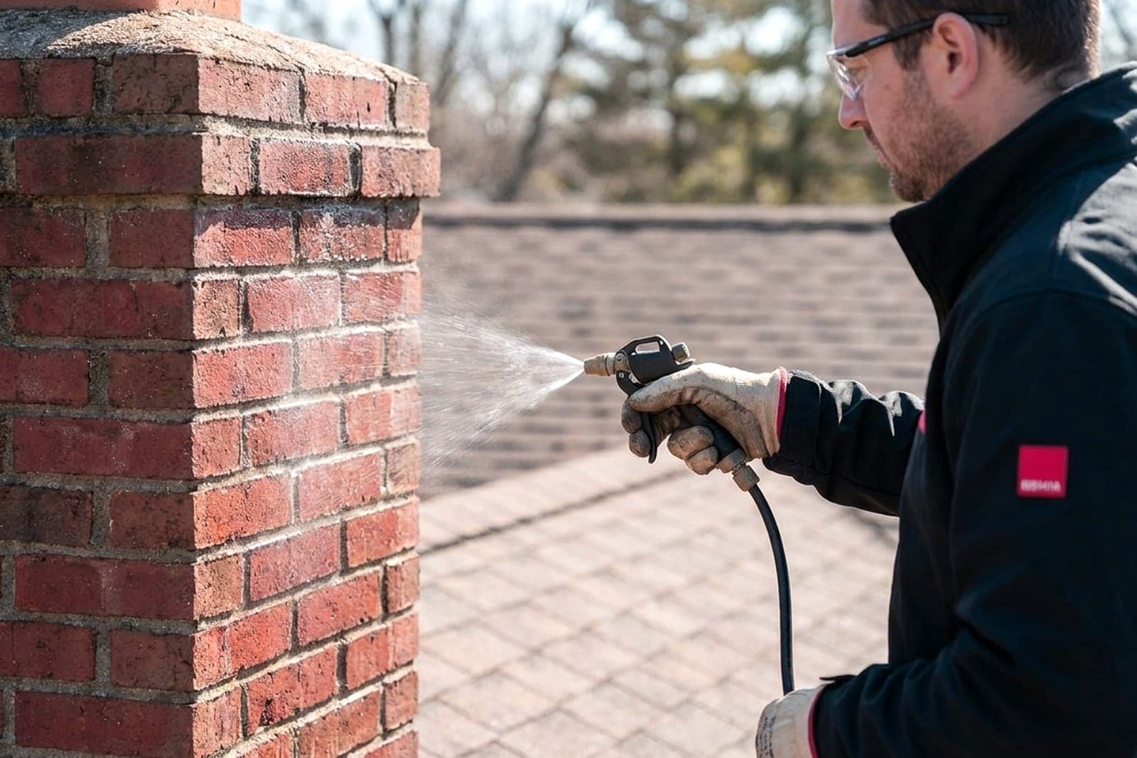 Chimney waterproofing being applied to brickwork