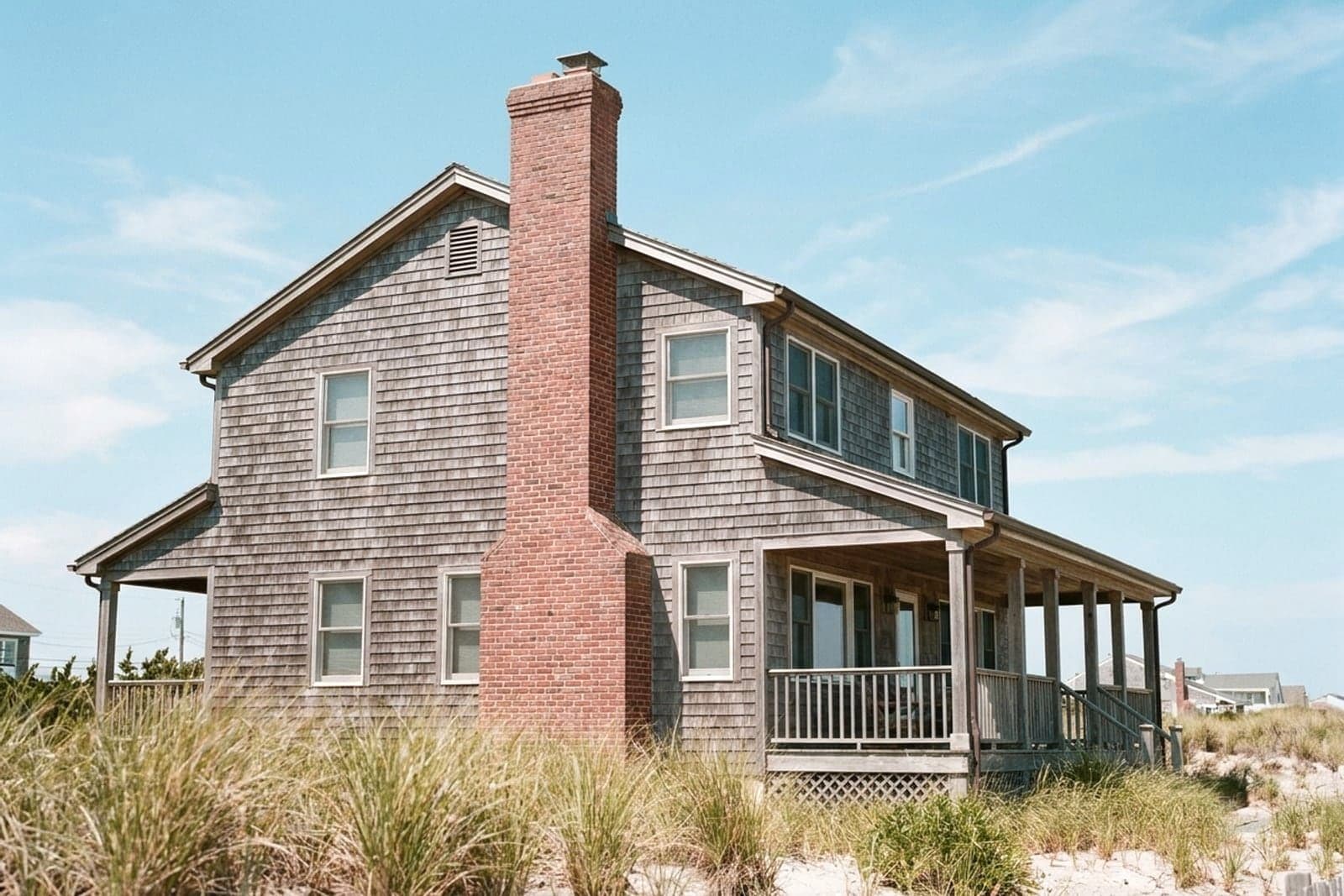 A South Sound waterfront home with a brick chimney